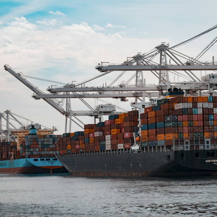 Container ship loaded with cargo at port